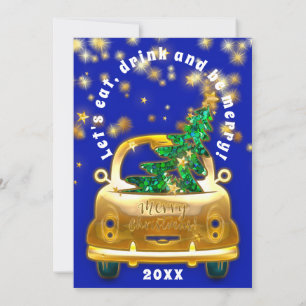Invitation Gold Car Joyeux Noël Brunch Dîner Star Blue