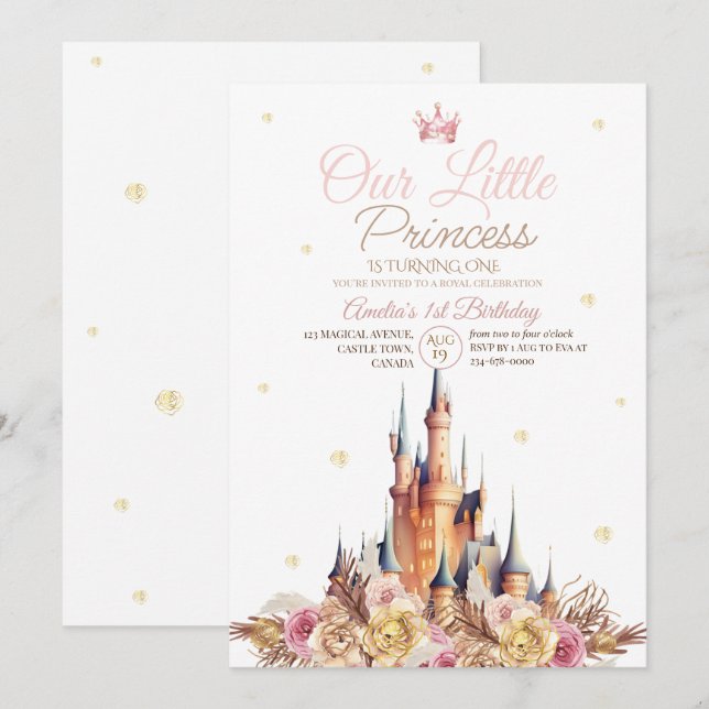 Invitation Gold Castle Elégante Petite Princesse Anniversaire (Devant / Derrière)