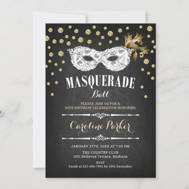 Invitation Gold Chalkboard Masquerade Ball fête d'anniversair (Devant)