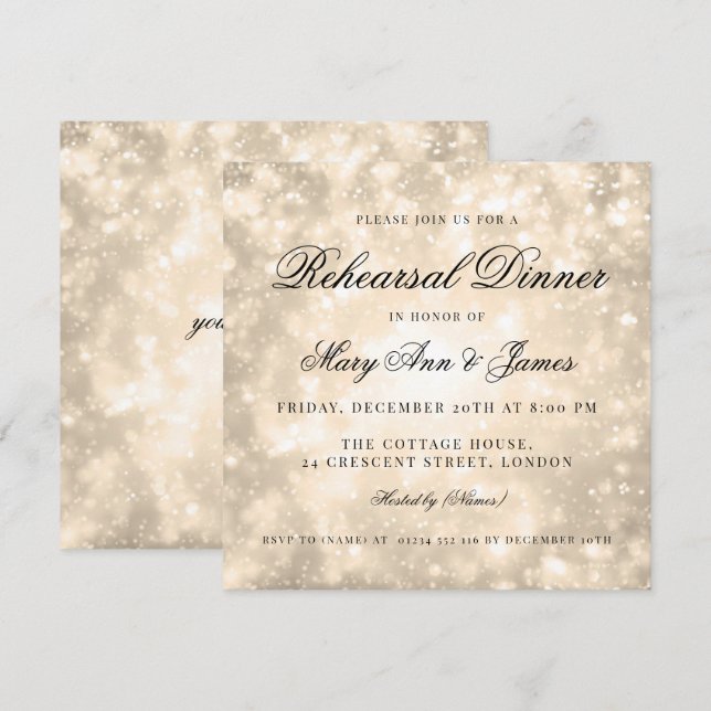 Invitation Gold Champagne Bokeh Dîner de répétition élégant (Devant / Derrière)