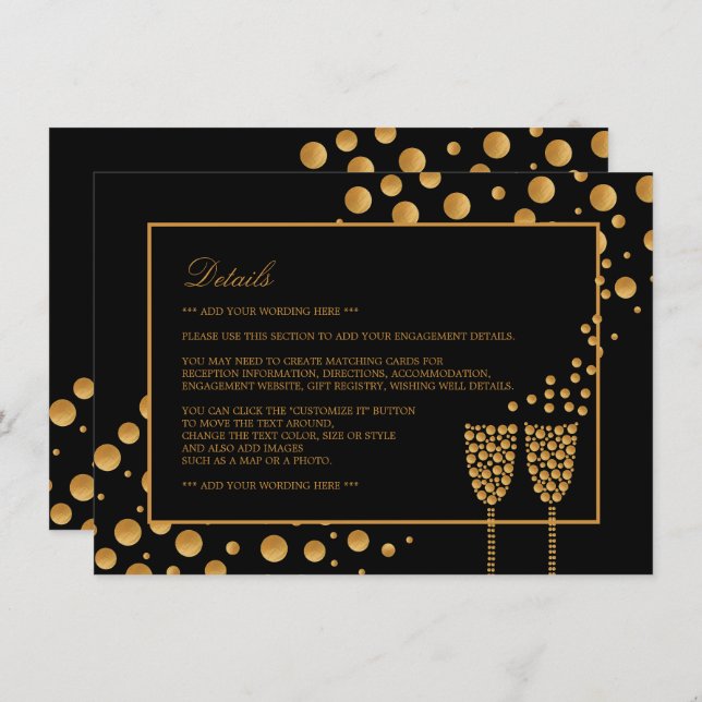 Invitation Gold Champagne Bubbles Engagement Party Détails (Devant / Derrière)