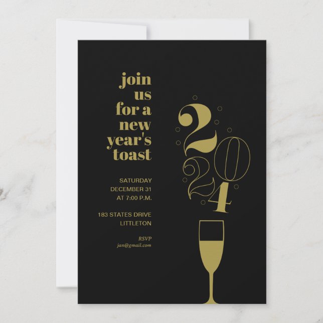 Invitation Gold Champagne Glass 2024 Soirée du Nouvel An (Devant)