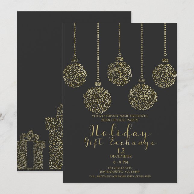 Invitation Gold & Charcoal Vacances échange de cadeaux (Devant / Derrière)