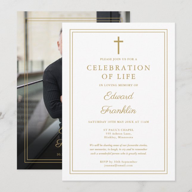 Invitation Gold Christian Célébration De La Vie Funéraire Pho (Devant / Derrière)