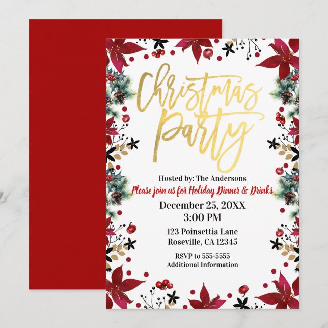 Invitation Gold Christmas Party Poinsettia vacances Floral (Devant / Derrière)