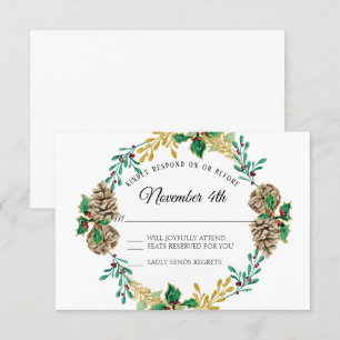 Invitation Gold Christmas RSVP Holly Leaf Pine Cone Wreath Wr