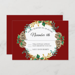 Invitation Gold Christmas RSVP Red Holly Pine Cone Wreath