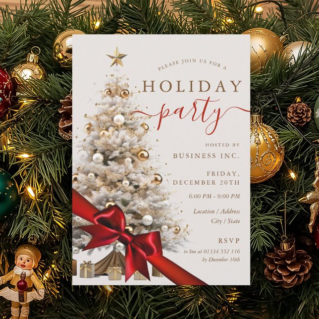 Invitation Gold Christmas Tree Red Bow Corporate Holiday  (Gold Christmas Tree Red Bow Corporate Holiday Invitation)