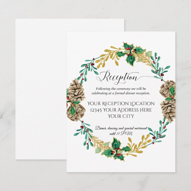 Invitation Gold Christmas Wreath Foliage Réception de mariage (Devant / Derrière)