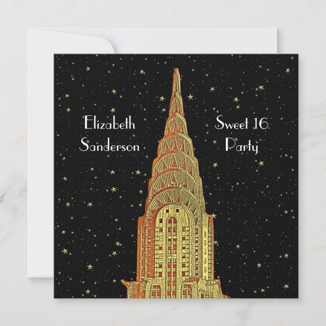 Invitation Gold Chrysler Bldg Skyline #2 Starry Sweet 16 SQ (Devant)