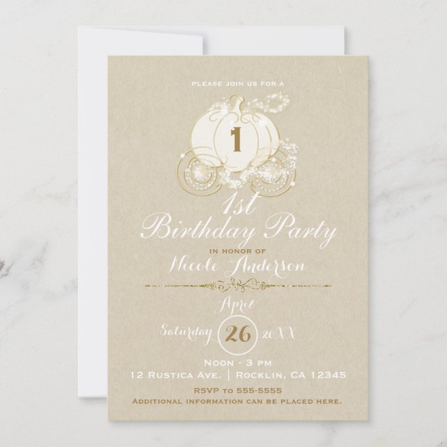Invitation Gold Cinderella Carrier Kraft Premier 1er annivers (Devant)