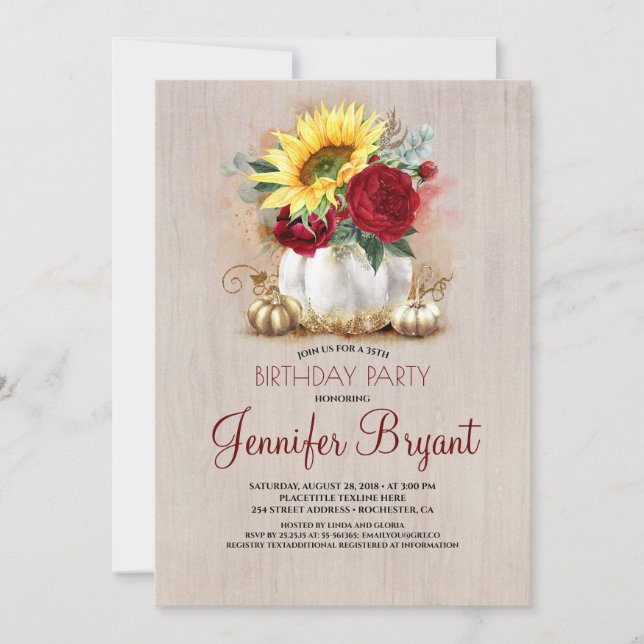 Invitation Gold Citrouille Rouge Floral Vase Rustique Automne (Devant)