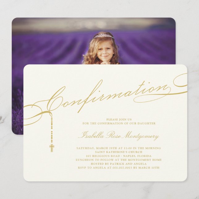 Invitation Gold Classic Script Rosaire Confirmation Religieus (Devant / Derrière)