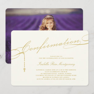Invitation Gold Classic Script Rosaire Confirmation Religieus