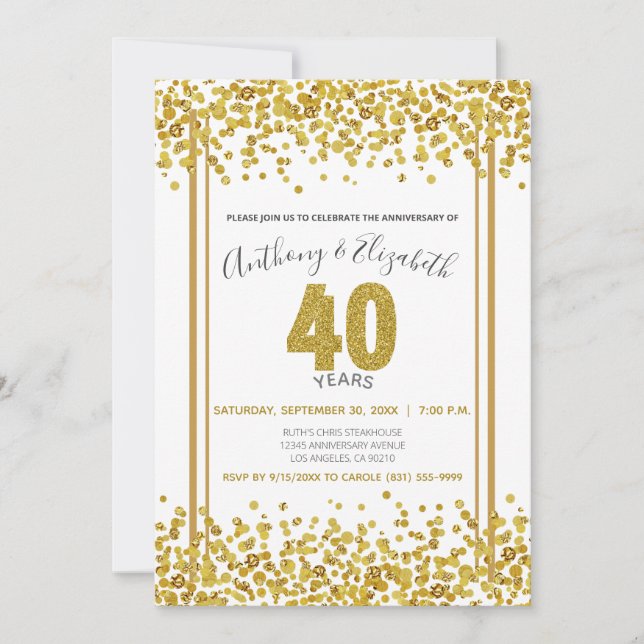 Invitation Gold Confetti, 40e anniversaire de Parties scintil (Devant)
