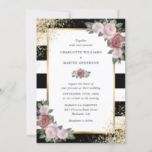 Invitation Gold Confetti Black Blush rose Mariage Floral