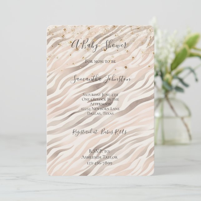 Invitation Gold Confetti Blush Pink Zebra Baby Shower (Debout devant)