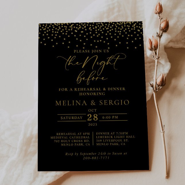 Invitation Gold Confetti Boho Dîner de répétition noire (Créateur téléchargé)