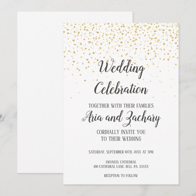 Invitation Gold Confetti Calligraphie Mariage Célébration (Devant / Derrière)