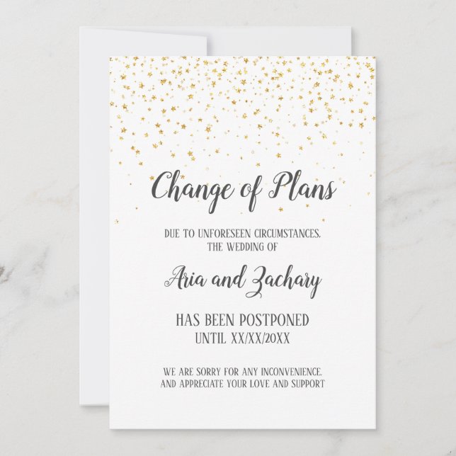 Invitation Gold Confetti Calligraphie Mariage Changement de p (Devant)