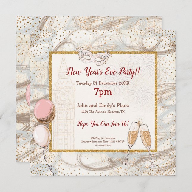 Invitation Gold Confetti Champagne Glam (Devant / Derrière)