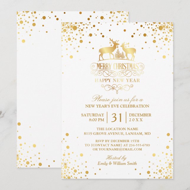 Invitation Gold Confetti Dots Bonne fête de la Saint-Sylvestr (Devant / Derrière)