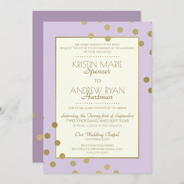Invitation Gold Confetti Dots Lavender Mariage de célébration (Devant / Derrière)