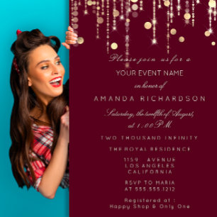 Invitation Gold Confetti Drithday Mariale Burgundy Maroon