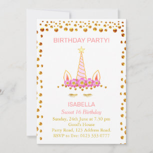 Invitation Gold Confetti et Unicorn o Sweet 16 Anniversaire I