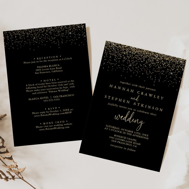 Invitation Gold Confetti Fancy Script Mariage avant et arrièr (Créateur téléchargé)
