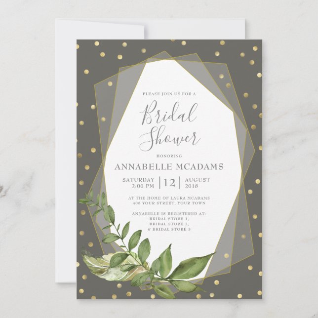 Invitation Gold Confetti Feuille Gris Fête des mariées géomét (Devant)