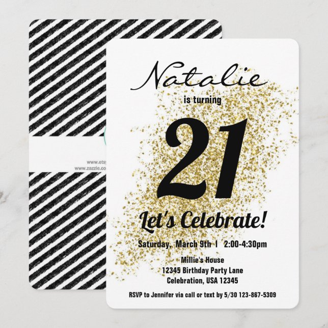 Invitation Gold Confetti Fille noire et blanche Anniversaire (Devant / Derrière)