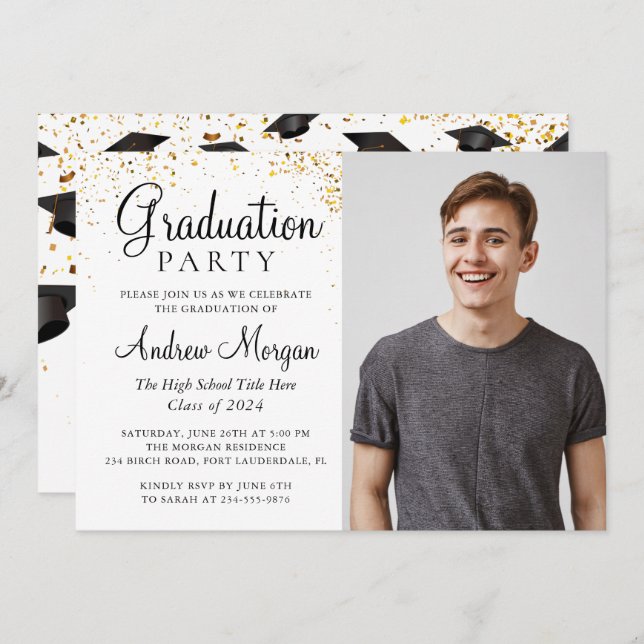 Invitation Gold confetti Graduate Caps Photo (Devant / Derrière)