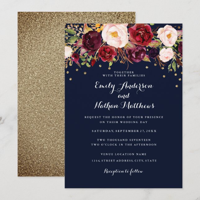 Invitation Gold Confetti Marine Bourgogne Floral Mariage (Devant / Derrière)