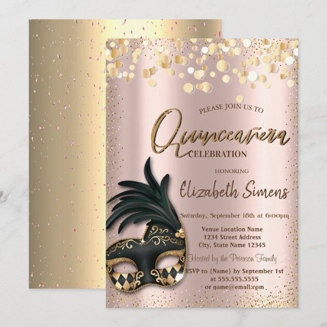 Invitation Gold Confetti Masque Rose Gold Quinceañera (Devant / Derrière)