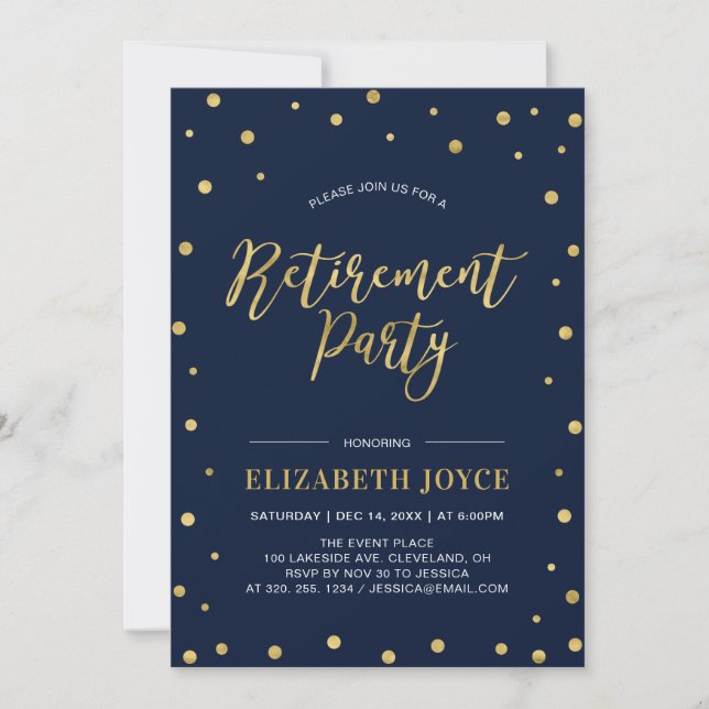 Invitation Gold Confetti & Navy | Parti de la retraite modern (Devant)