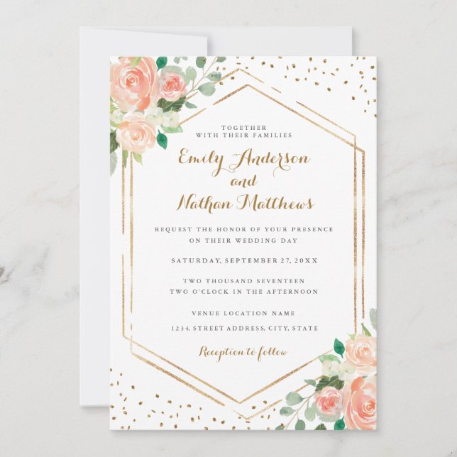Invitation Gold Confetti Peach aquarelle Mariage floral (Devant)
