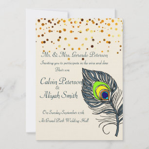 Invitation Gold Confetti Peacock Feathes Mariage