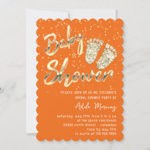Invitation Gold Confetti Pieds Baby shower Script Orange