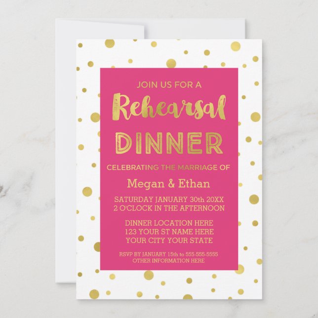 Invitation Gold Confetti Pink White Rehearer Diner Party (Dos)