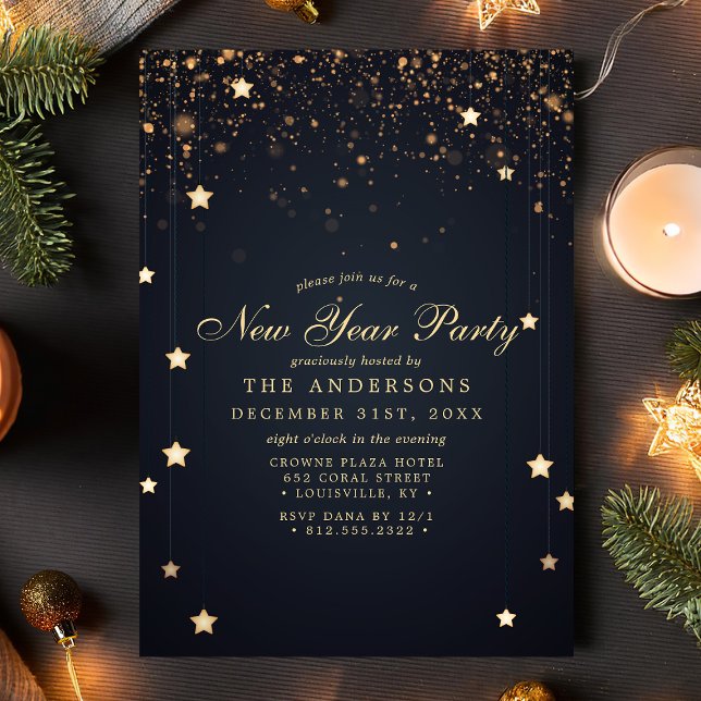 Invitation Gold Confetti Stars Marine Bleu Nouvel An Party (Créateur téléchargé)