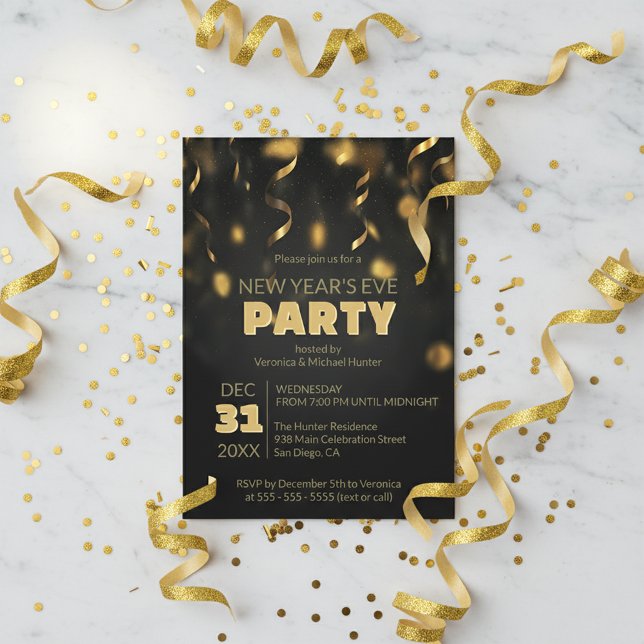 Invitation Gold Confetti Streamers Black New Year's Eve Party (Créateur téléchargé)