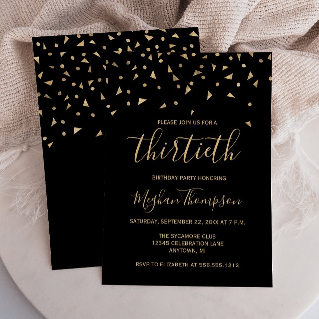 Invitation Gold Confetti sur Black 30th Birthday Party (Créateur téléchargé)