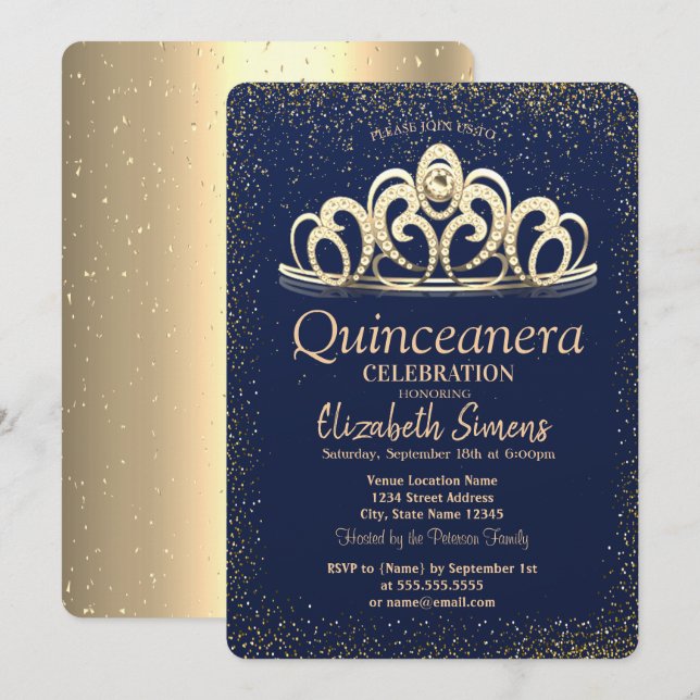 Invitation Gold Confetti Tiara Marine Blue Quinceañera (Devant / Derrière)