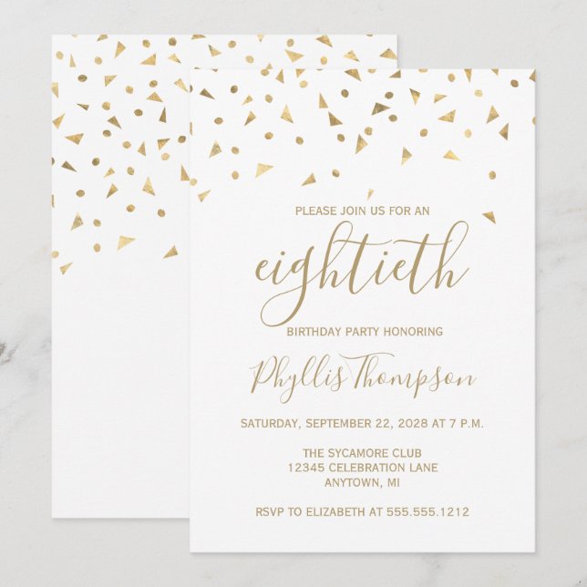 Invitation Gold Confetti Triangles 80e fête d'anniversaire (Devant / Derrière)