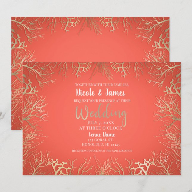 Invitation Gold Coral moderne Orange Elégant Mariage plage (Devant / Derrière)
