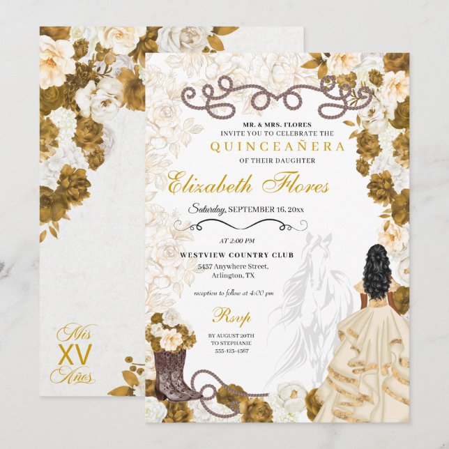 Invitation Gold Cowgirl Charro Western Quinceañera (Devant / Derrière)