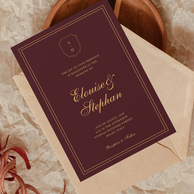 Invitation Gold Crest Monogram Burgundy All in One Wedding (Créateur téléchargé)