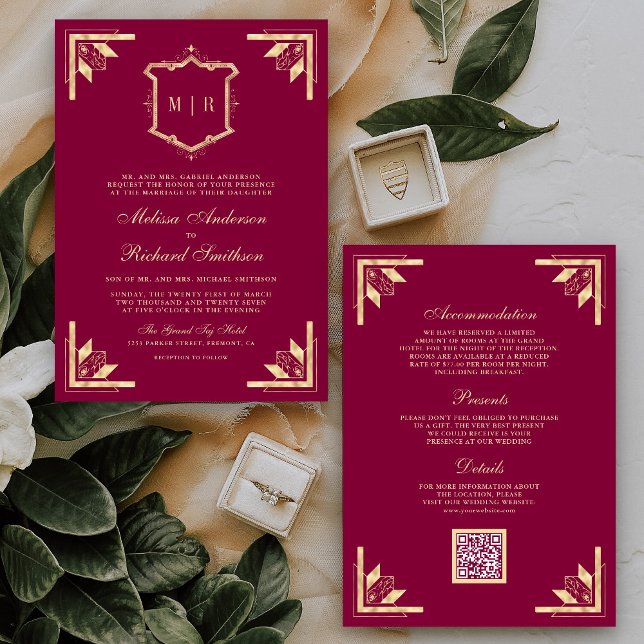 Invitation Gold Crest Monogram QR Code Magenta Wedding (Créateur téléchargé)