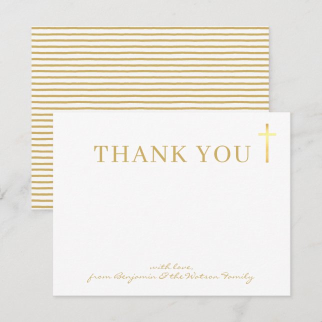 Invitation GOLD CROSS moderne saint baptême joli or merci (Devant / Derrière)